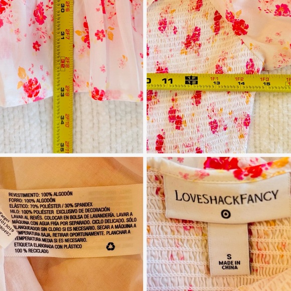 LOVESHACKFANCY Cosette White Cotton & Hot Pink Floral Smocked Ruffle Mini Dress
